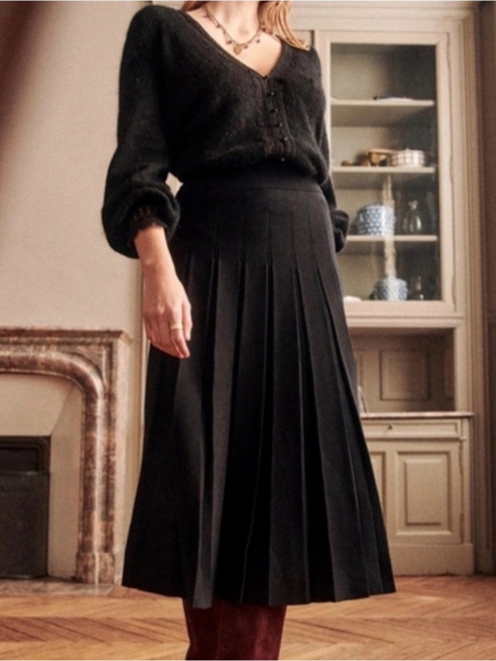 Sezane Classic Black Knit Pleated Midi Skirt